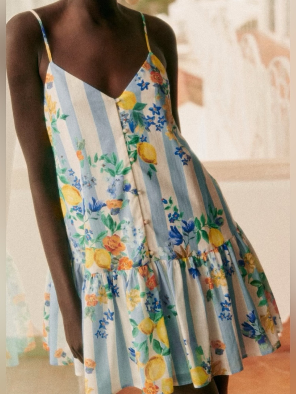 Sezane Blue & White Striped Lemon Floral Mini Dress, never worn